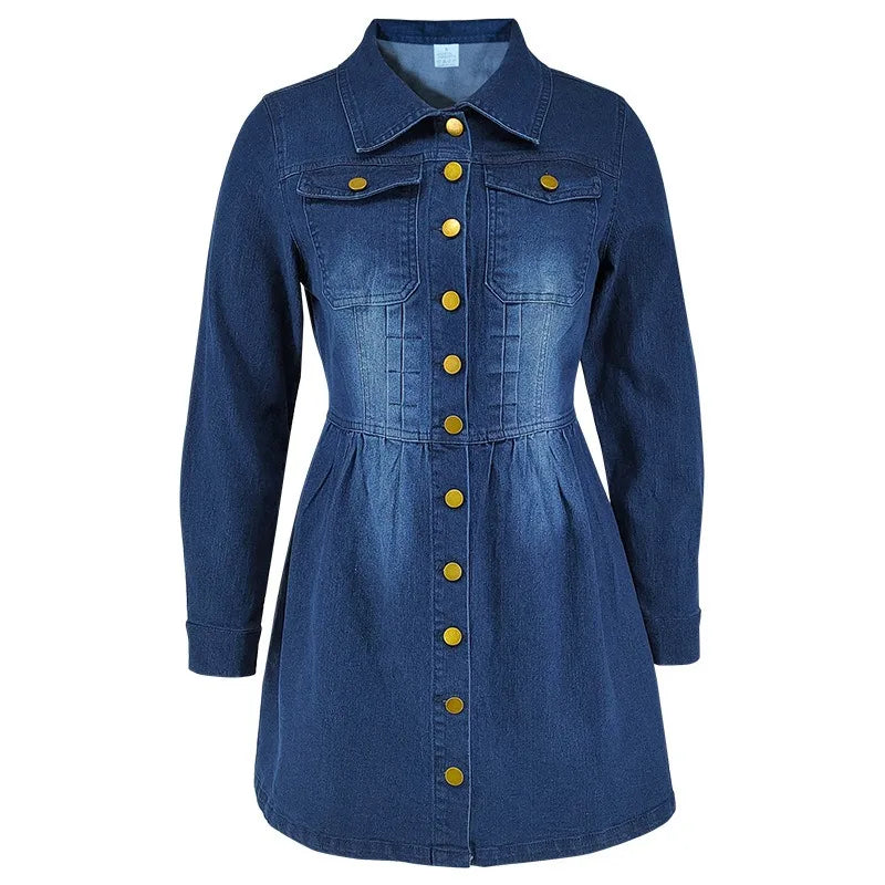 Benuynffy Vintage Single Breasted Denim Shirt Dress Women's Autumn 2025 Lapel Neck Long Sleeve Washed Casual A-Line Dresses - Colouronova