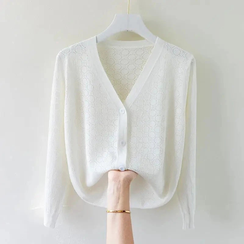 2025 New V-neck Ice Silk Sweater women's Cardigan Hollow Loose Summer Thin Long Sleeve Shawl Coat Female Knitwear Tops Colouronova
