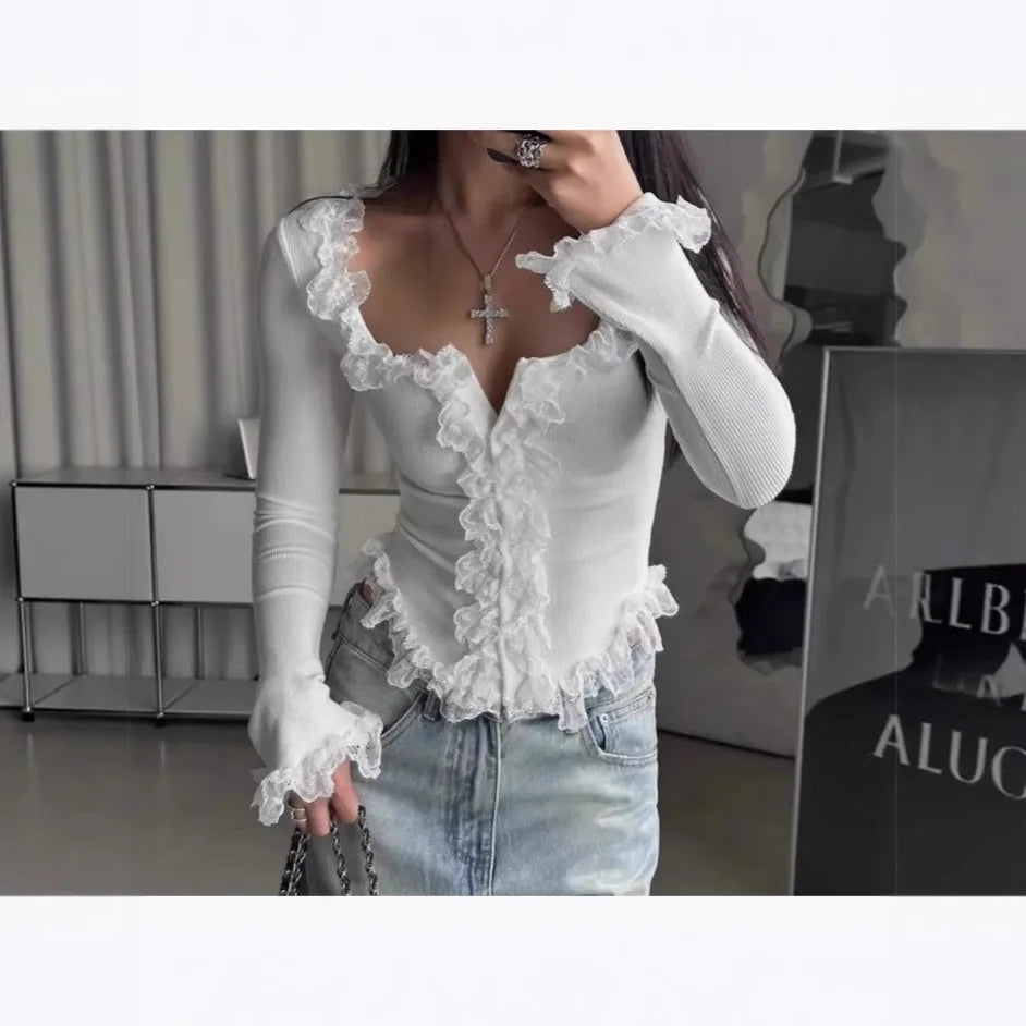 Knitted Top Women Pullover Knitting T Shirt Slim Sexy Lace Ruffles Jumper Tops Autumn Winter 2025 Casual Office Lady Knitwear - Colouronova