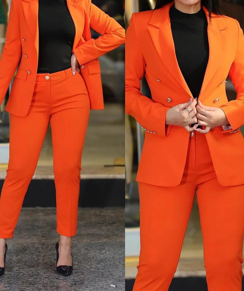 Elegant Office Lady Two Piece Sets Autumn Winter Women Fashion Notched Neck Long Sleeve Blazer & High Waist Work Pants Suits - Colouronova