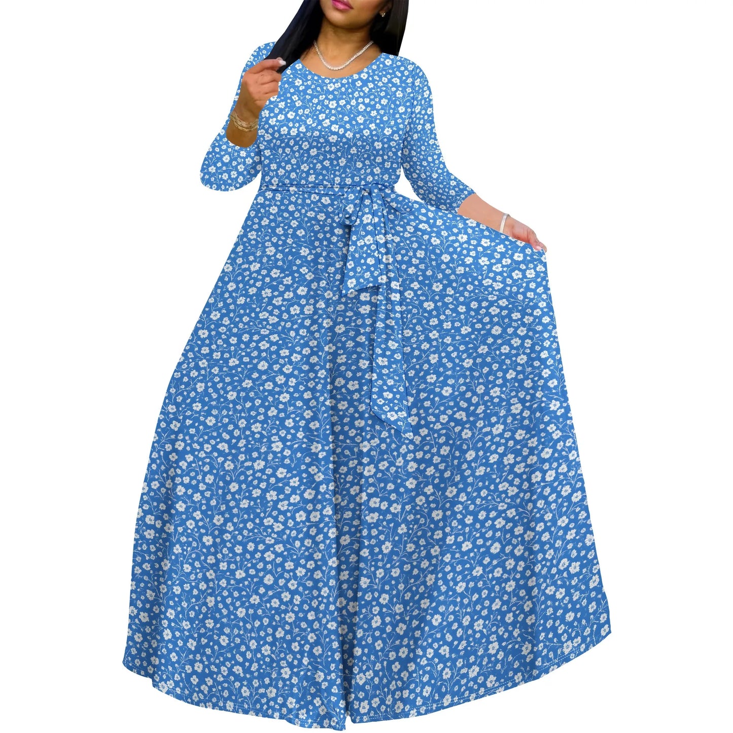 Long Sleeve Plus Size Maxi Fall Dress for Curvy Women Round Neck 3/4 Sleeve Long Dress Cocktail Party Dress - Colouronova