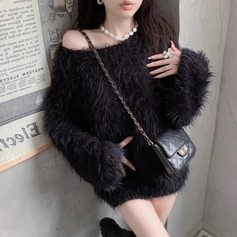 Women's Autumn Winter Faux Mink Hair Fuzzy Loose Long Sweater Lady Casual Solid Collar Pullover Long Sleeve Jumper - Colouronova