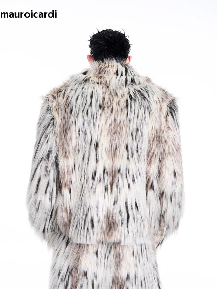 Mauroicardi Autumn Winter Cool Short Colorful Multicolored Thick Warm Hairy Faux Fur Coat Men Fluffy Jacket 2024 Y2K Streetwear - Colouronova