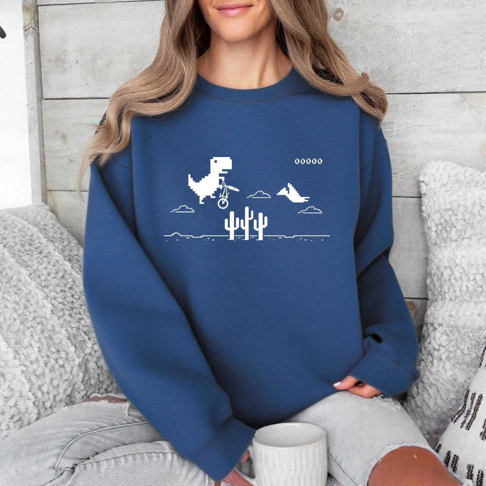 Pixel Art Of The Dino Game Printed Sweatshirts Women Crewneck Sporty Hoodies Loose Fleece Warm Tops Autumn Casual Womans Clothes - Colouronova