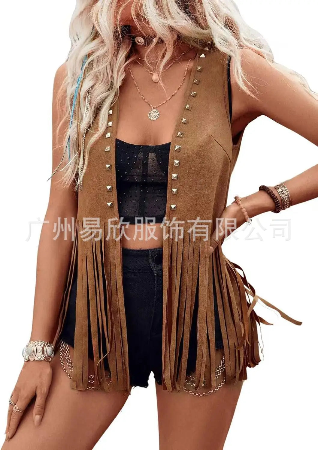 Vests Women Sleeveless Y2k Coats Cardigan Streetwear Tassel High Street Jacket Loose Rivet Slight Strech 2025 Summer Leather - Colouronova