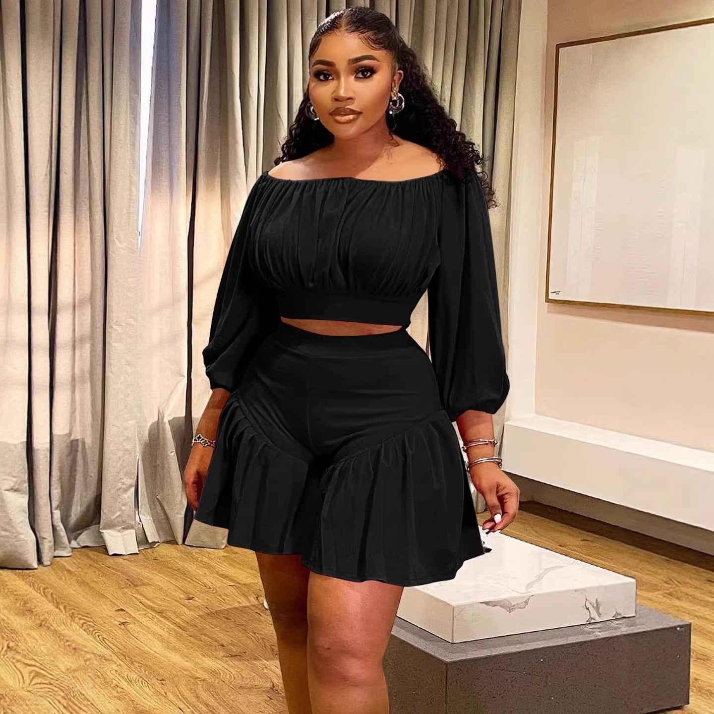 Plus-Size Off-Shoulder Pleated Women's Set