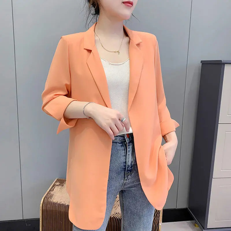 Women Blazer Jacket Cardigan Summer Suit Coat Three Quarter Sleeve Turn Down Collar Office Lady Open Stitch Outerwear 2025 - Colouronova