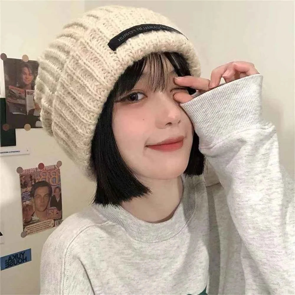 Women Warm Cap Simple Winter Wool Knitting Bonnet Solid Color Ins Versatile Stacked Cap Fashion Knitted Skull Hat Headwear