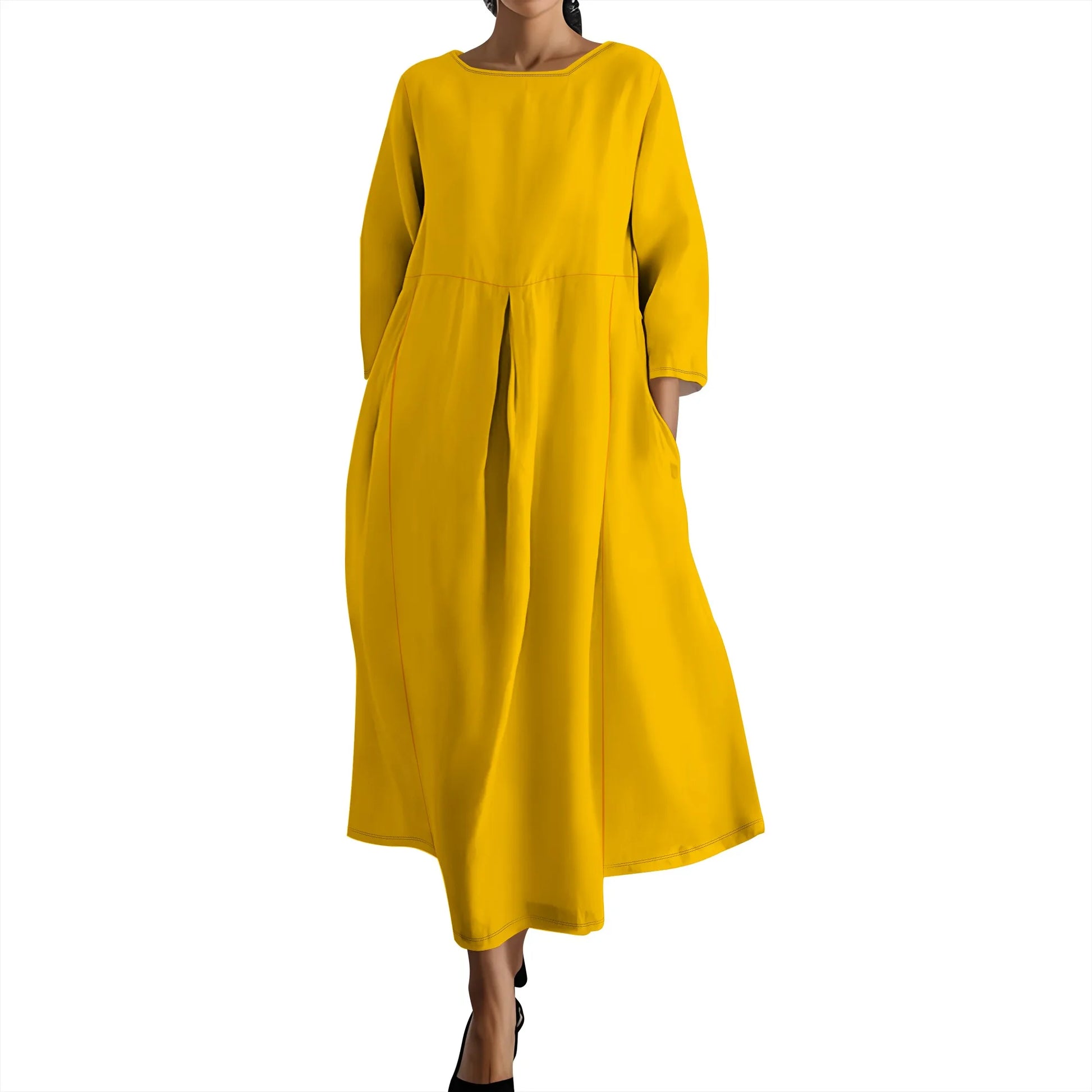 Women's Long Sleeve Elegant Solid Color Autumn Maxi Dresses Casual Loose Plus Size Beach Dress for Women with Pockets - Colouronova
