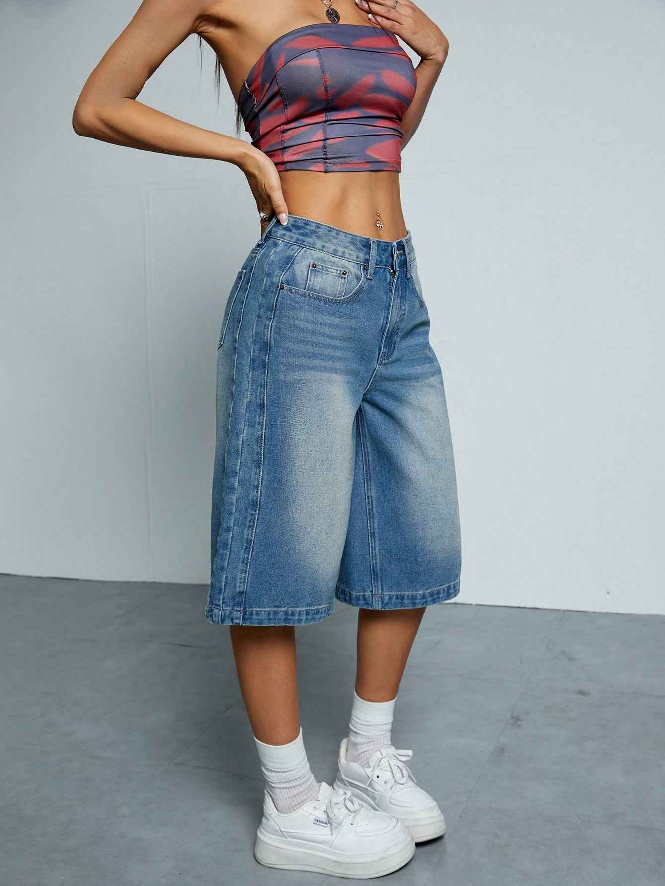 eStraight-Leg Denim Shorts