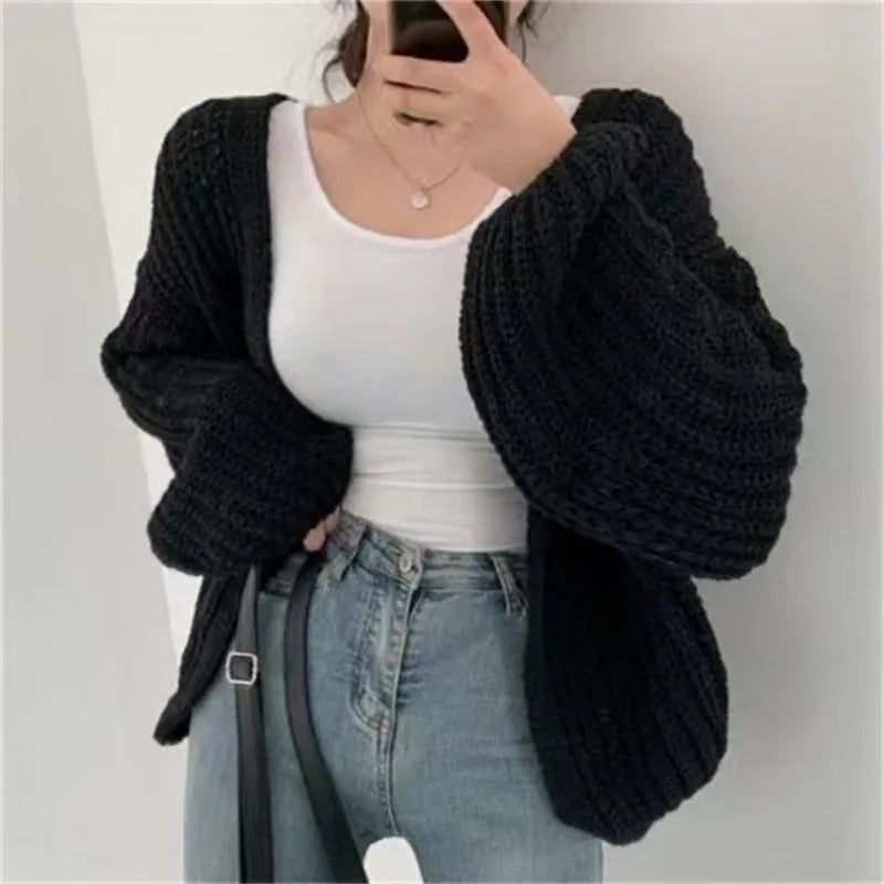 Women Sweaters V Neck Lantern Sleeve Cardigan Jumpers Knit Open Stitch Regular Solid Spliced Casual Simple Autumn 2025 - Colouronova