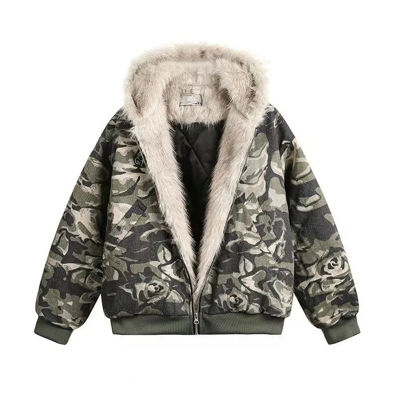 American Fashion New Camouflage Fur Collar Thick Velvet Jacket Y2K Punk Wind Rock Tide Brand Baggy Hooded Couple Sports Coats - Colouronova