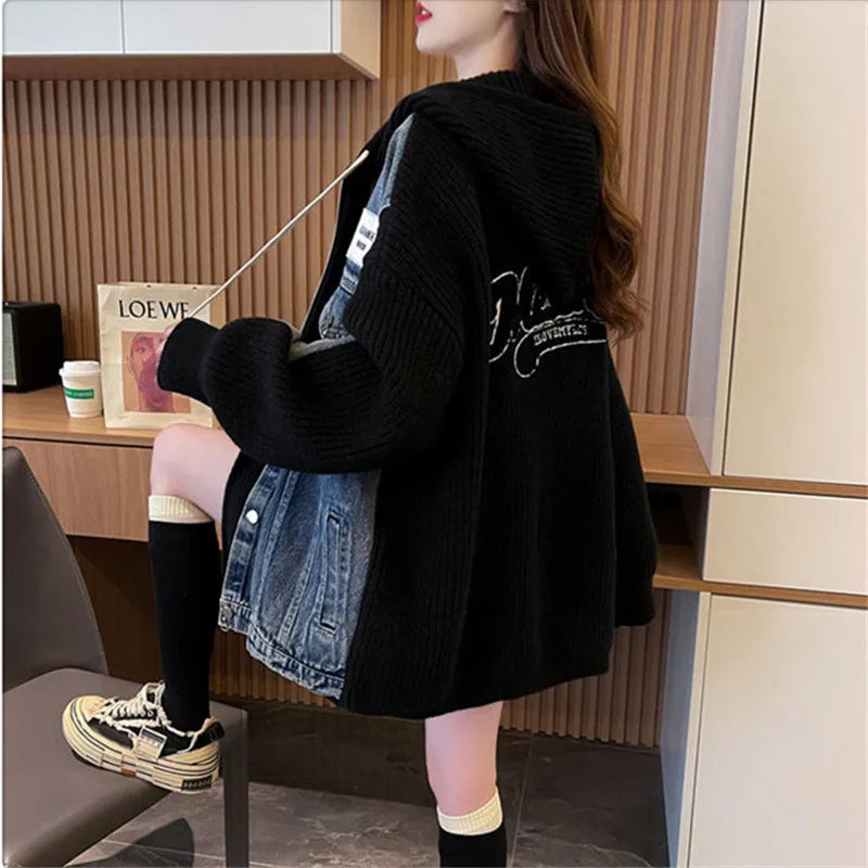 2025 New Autumn Winter Fashion Hooded Denim Patchwork Sweater Knitted Cardigan Coat Women Loose Fake Two Pieces Outerwear W646 - Colouronova