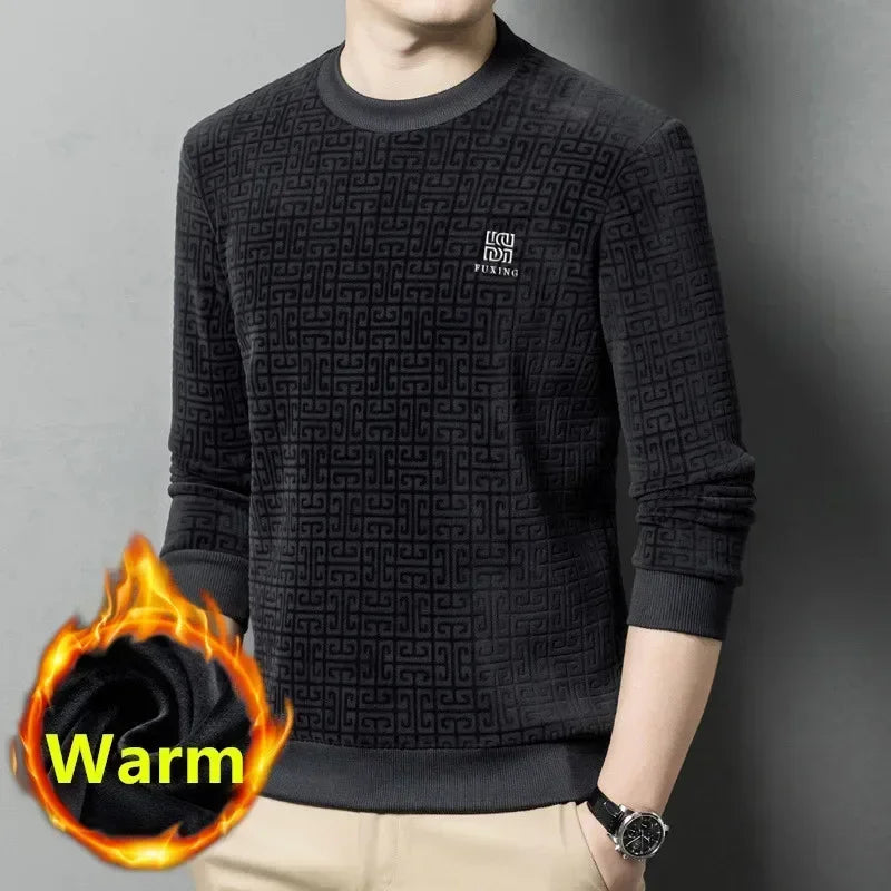 Men's Warm Hoodies Jumper Sweater O-Neck Fleece Thicker Pullover Slim Jacquard Casual Business Tops Men's Winter Clothing - Colouronova