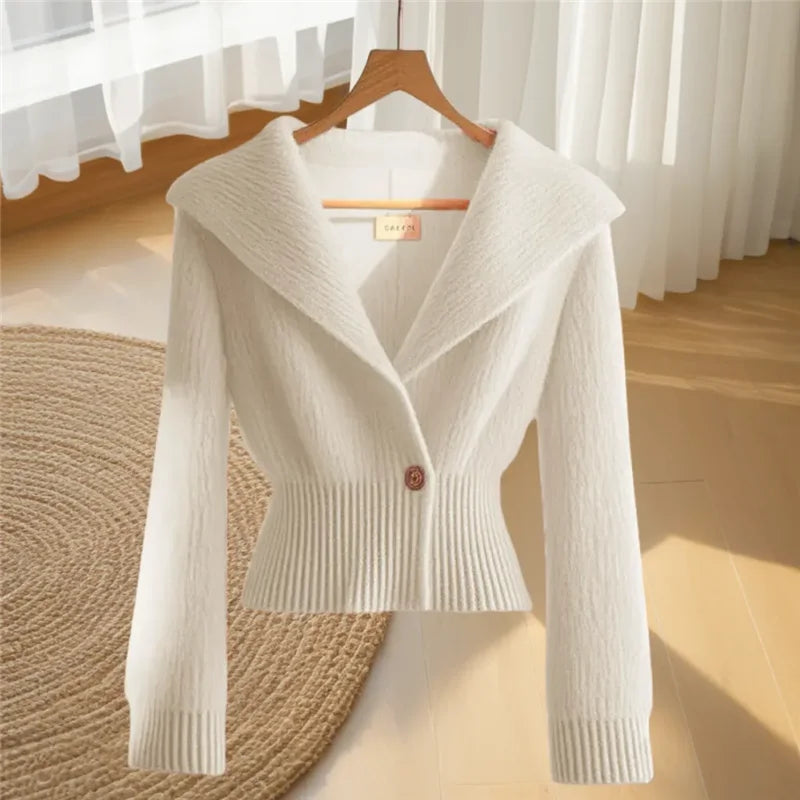 Autumn Winter Women's Sweater Knitwear 2025 New Fashion Loose Casual Tops Cardigan Pure Colour The Waist V-Neck Outerwear Female - Colouronova