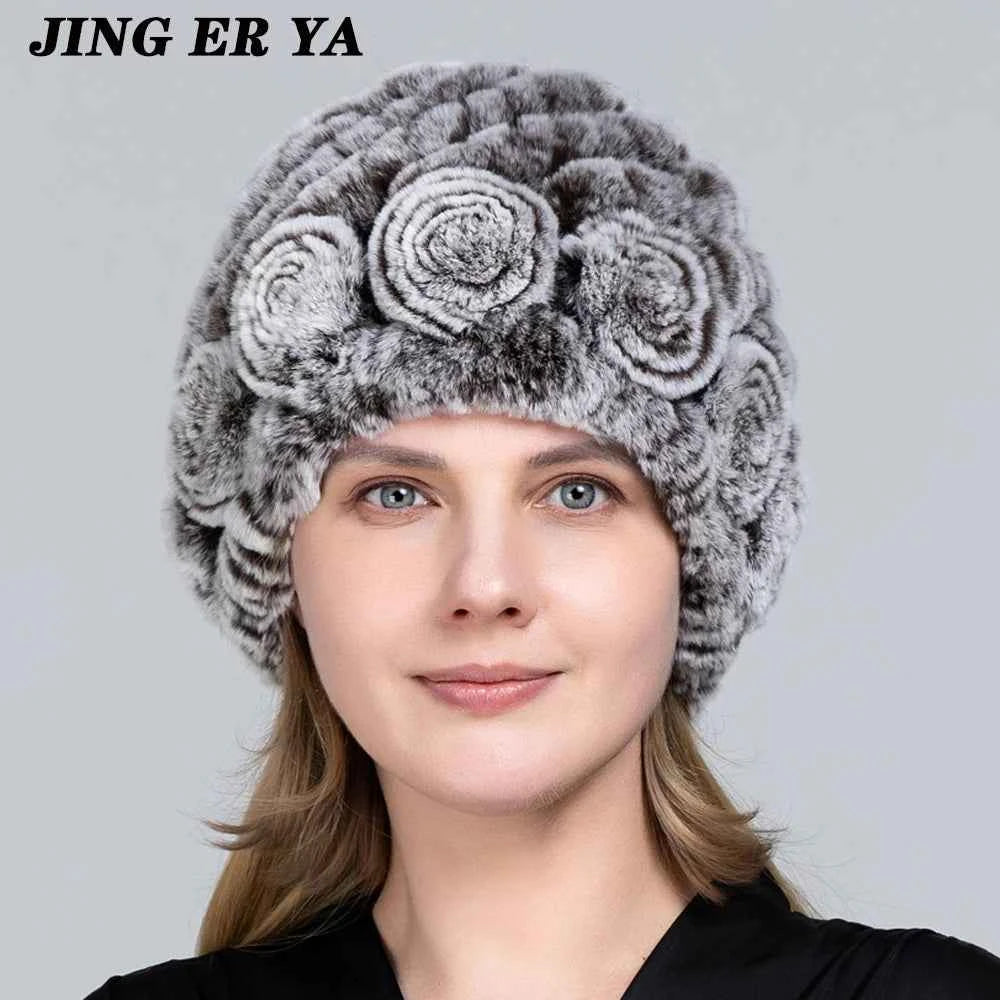 JINGERYA Winter Hat Women Warm Floral Rex Rabbit Fur Knitted Beanie Striped Classic Natural Real Fur Hats