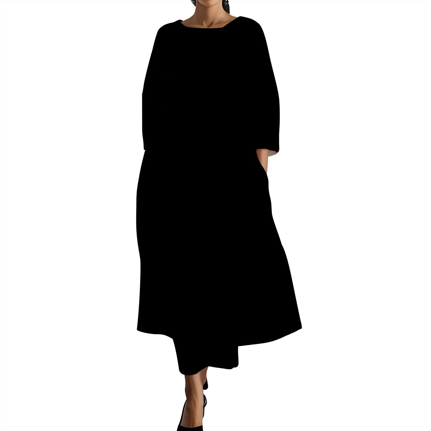 Women's Long Sleeve Elegant Solid Color Autumn Maxi Dresses Casual Loose Plus Size Beach Dress for Women with Pockets - Colouronova