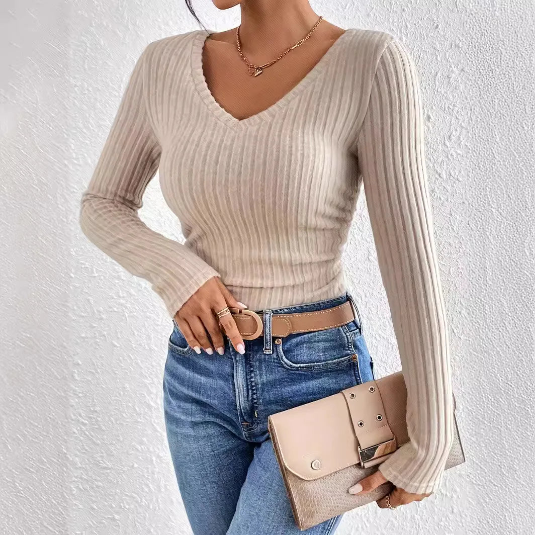 Knitted Top Women Pullover Knitting T Shirt V Neck Jumper Sweater Autumn Winter 2025 Casual Tops Basic Knitwear Office Lady - Colouronova