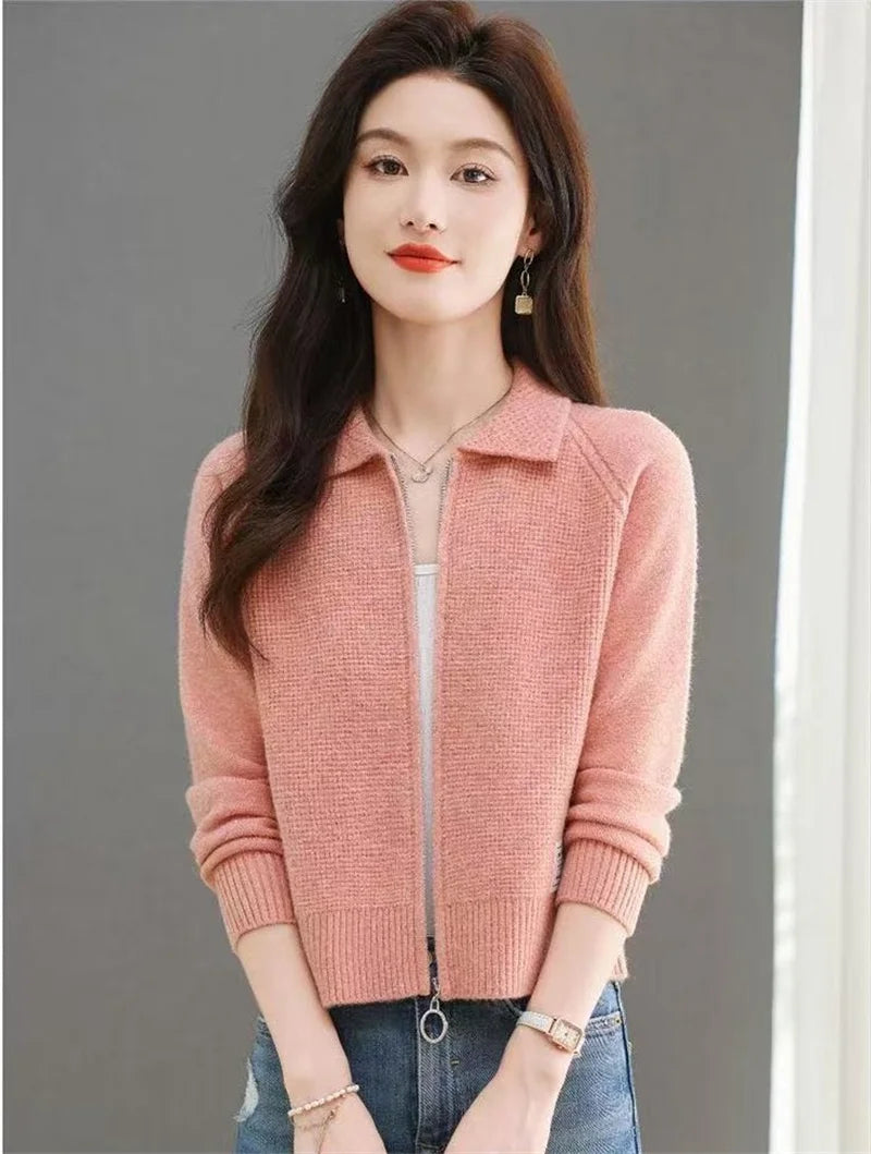 Spring Autumn Women Knitted Cardigan Sweater Fashion Lapel Jacket Small Fragrance Style Knitted Short Zipper Coat Top - Colouronova