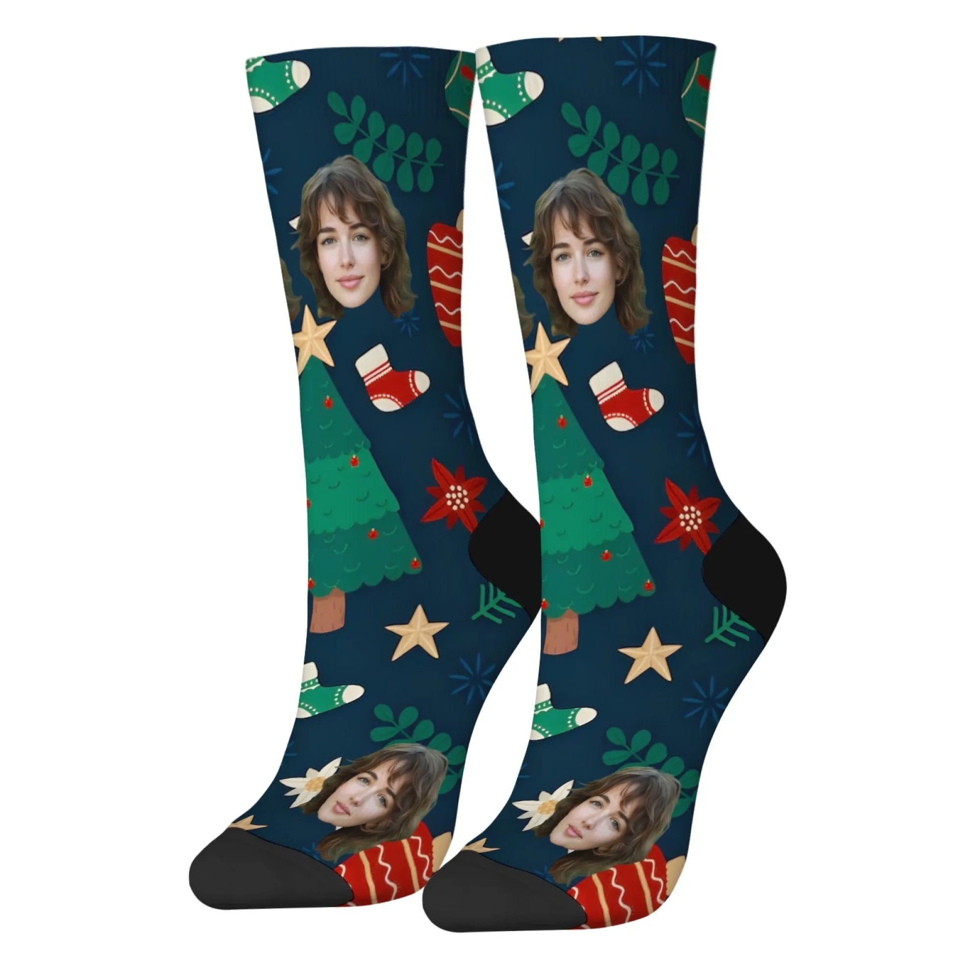 Personalized Christmas Gift Socks Custom Face & Christmas Elements Tree Socks Ornaments on Dark Blue Unique Present for Family - Colouronova