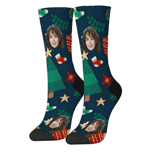 Personalized Christmas Gift Socks Custom Face & Christmas Elements Tree Socks Ornaments on Dark Blue Unique Present for Family - Colouronova
