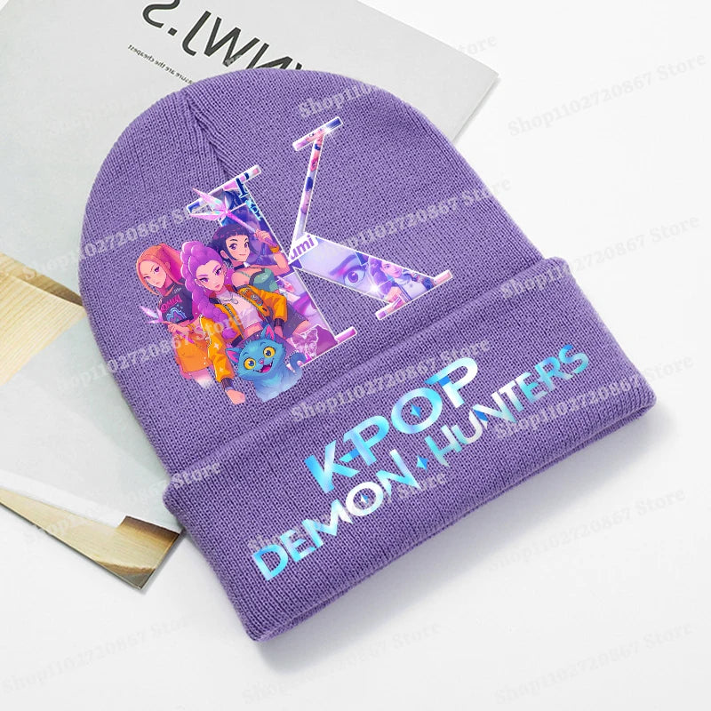 KPop Demon Hunters Purple Knitted Hat Boys Girls Cartoon Anime Woolen Hats Autumn Winter Kid Outdoor Warmth Beanies Caps Beanie - Colouronova