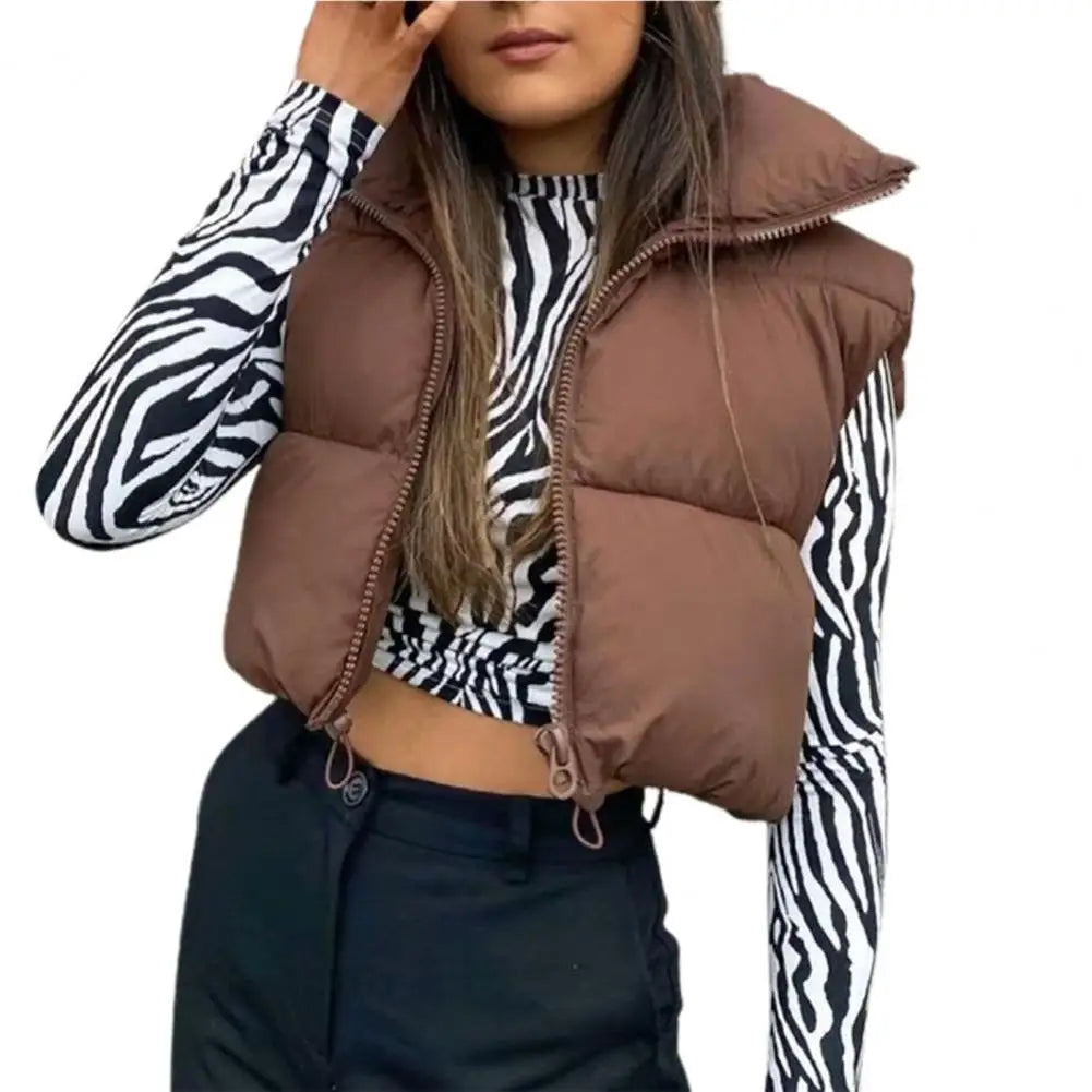Fall Winter Warm Cropped Vest Jackets for Women Fashion Sleeveless Stand Collar Zip Up Puffer Waistcoat Street Style Outwear - Colouronova