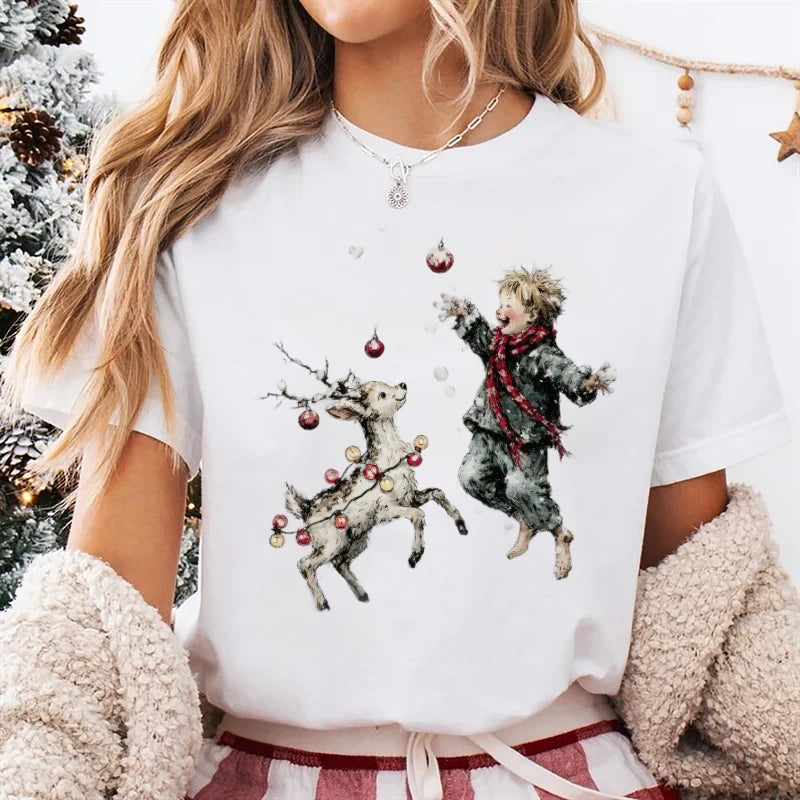 T-Shirt Women's Christmas Socks Christmas Gift Cartoon Street Round Neck Top Women's Casual Harajuku Fashion New Year T-Shirt - Colouronova