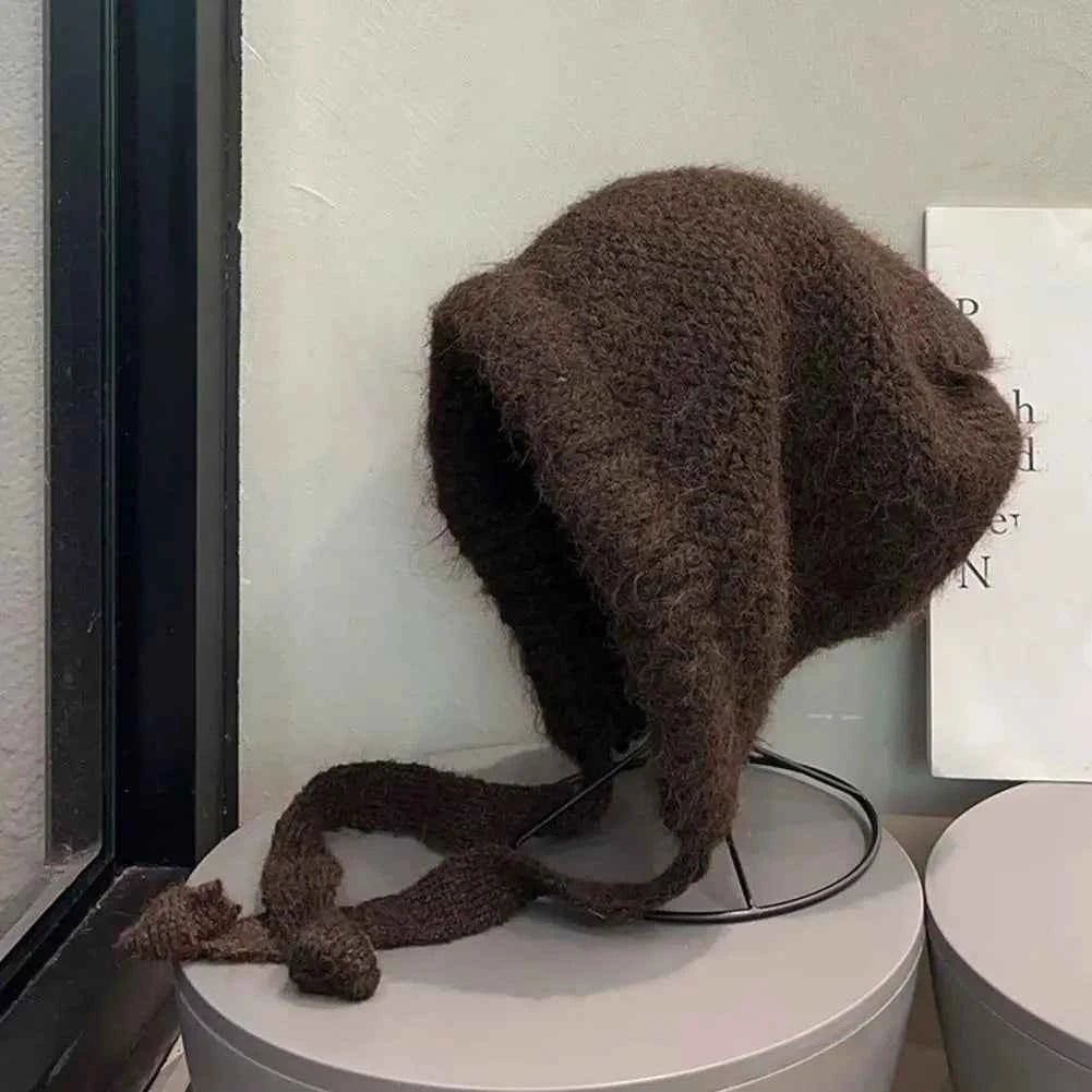 Y2K Cute Beanies Autumn Winter Women Warm Japanese Knit Hat Pile Caps Windproof Ear Protection Tie Pullover Hat Gorro Bonnet