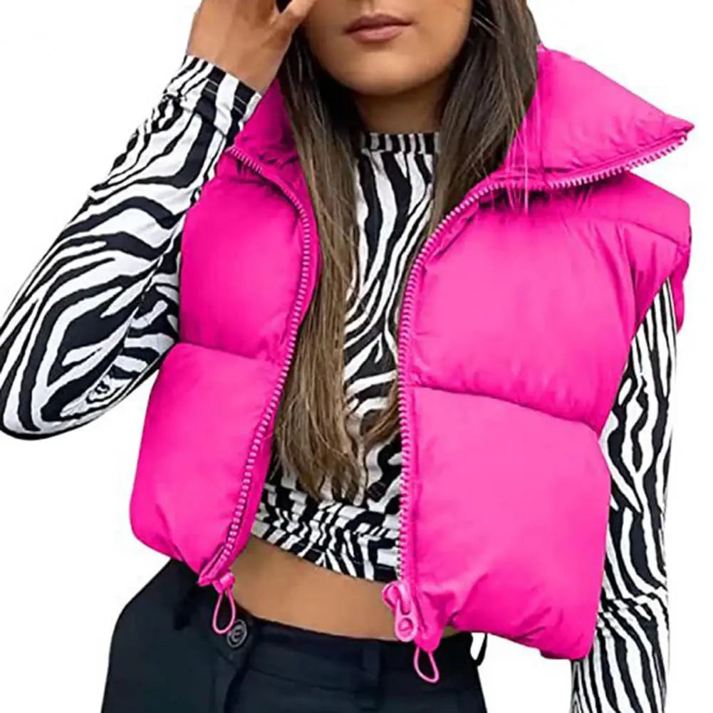 Fall Winter Warm Cropped Vest Jackets for Women Fashion Sleeveless Stand Collar Zip Up Puffer Waistcoat Street Style Outwear - Colouronova