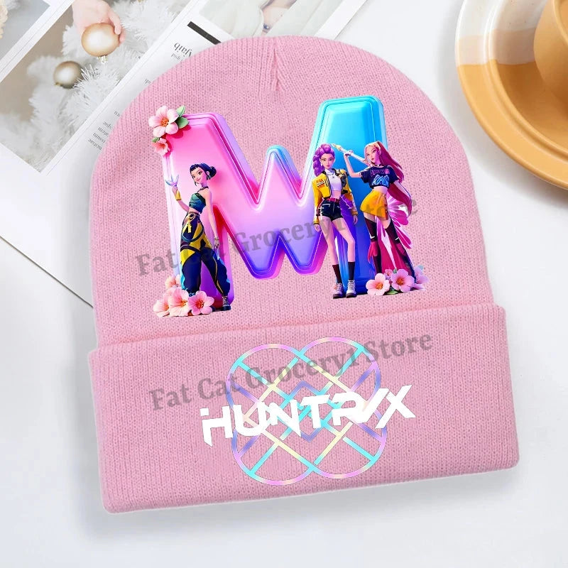 Kpop Demon Hunter Knitted Hat Girls Cute Letter A-Z Knit Cap Kids Winter Outdoors Warm Beanies Children Fashion Headgear Gift Colouronova