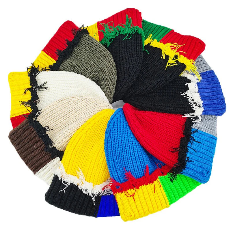 Y2K Knitted Beanie Hats Winter Warm Wool Caps With Holes Hip Hop Streetwear Accessories New Color Matching - Colouronova