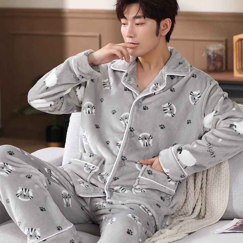 Men's Coral Fleece Pajama Set Long Sleeve