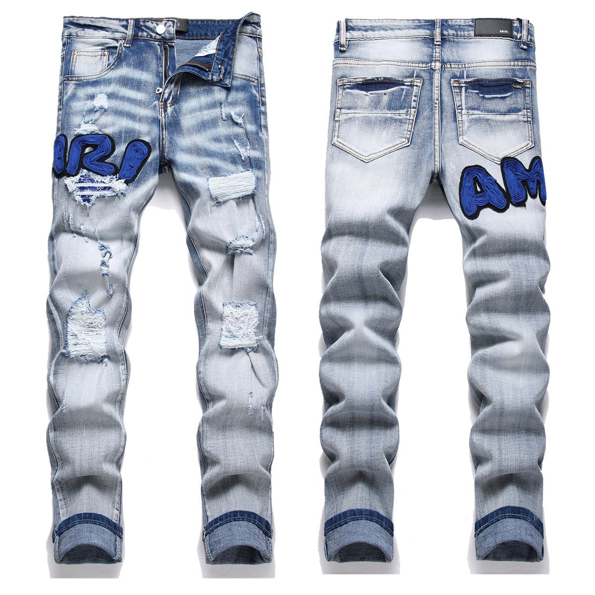 Blue Embroidered Distressed Patchwork Slim-Fit Jeans Colouronova