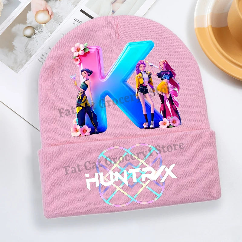 Kpop Demon Hunter Knitted Hat Girls Cute Letter A-Z Knit Cap Kids Winter Outdoors Warm Beanies Children Fashion Headgear Gift - Colouronova