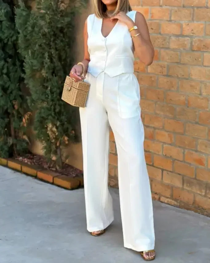 Women Pant Set Two Piece Sets Wide Leg Long Pants Halter Sleeveless Tops Slim Fit Solid Casual Office Lady Elegant Matching Sets - Colouronova