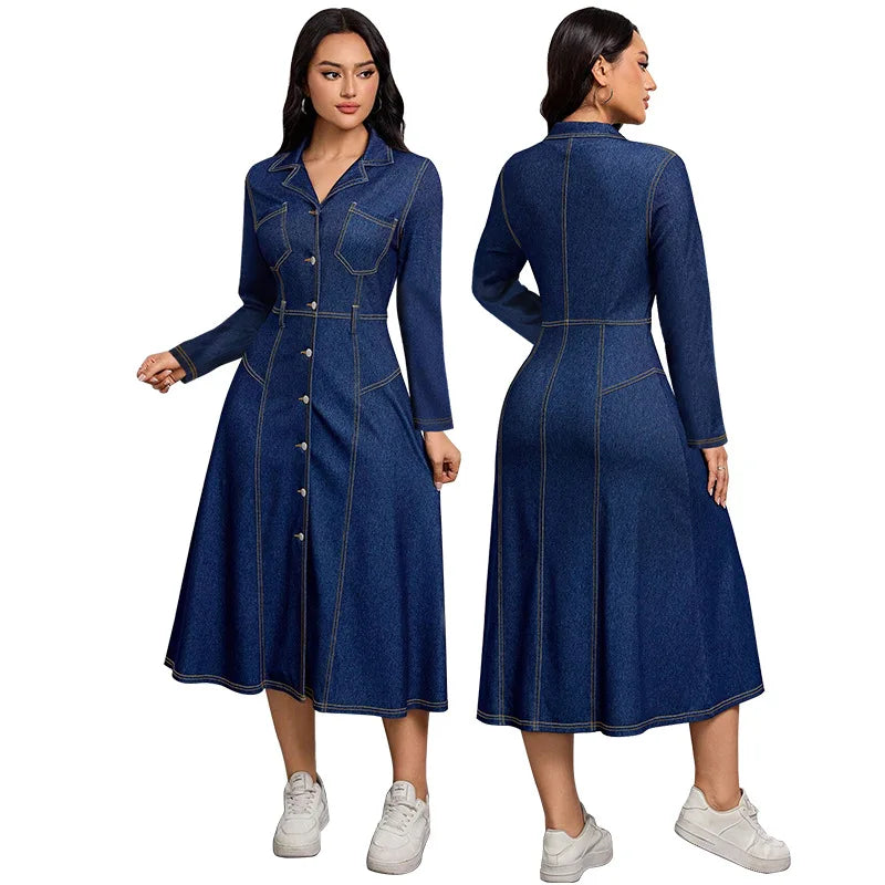 High-End Youthful Women's Denim Dress Waist-Cinching Thin Long-Sleeved Fashion Autumn - Colouronova