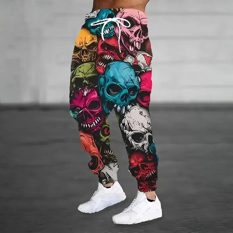 Men's Loose Pocket Draw Rope Sports Sweatpants Winter New Thick Warm Men's Sweatpants Fashion Color Skull Printed Sweatpants - Colouronova
