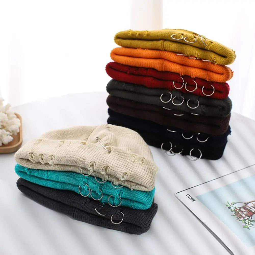 Trendy Autumn Winter Black Beanie Hat Warm Gothic Knitted Elastic Hat Hip-hop Acrylic Ripped Hat Men Women - Colouronova