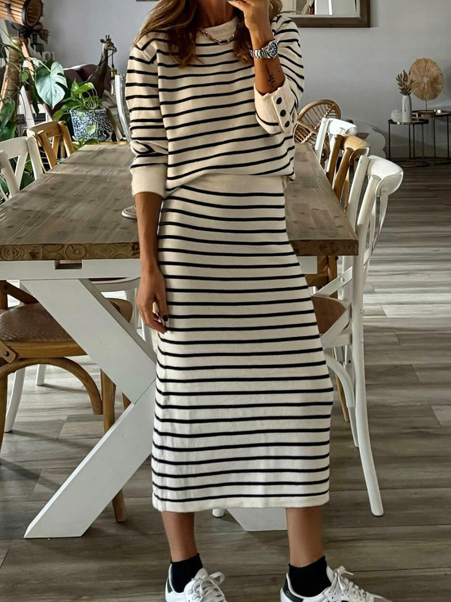 Striped Print Casual Shirt and Long Skirt Set Colouronova