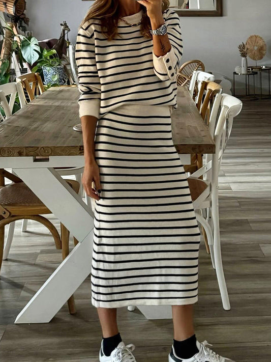 Striped Print Casual Shirt and Long Skirt Set Colouronova