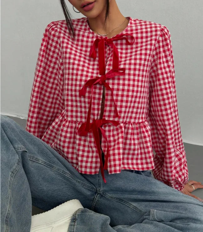 Shirt Women Casual Blouses Coat Plaid Printing Lace Up Bow Round Collar Puff Sleeve Sweet Overshirt Female Spring Summer 2025 - Colouronova
