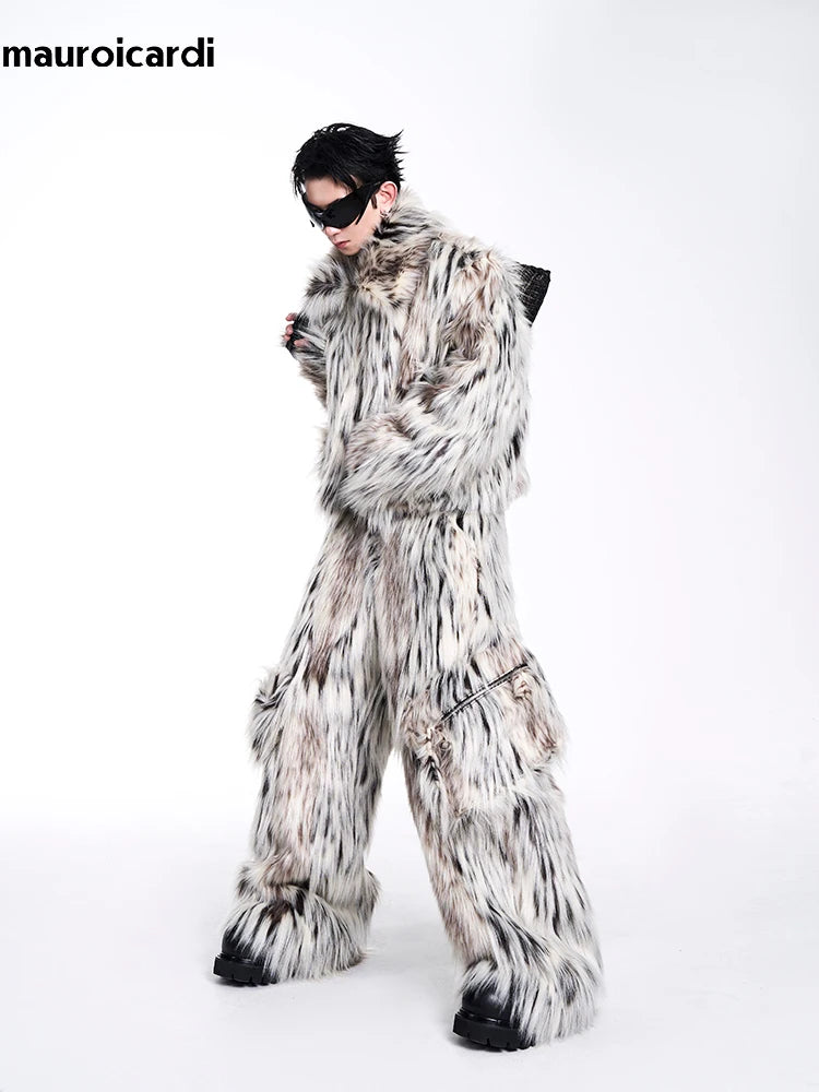 Mauroicardi Autumn Winter Cool Short Colorful Multicolored Thick Warm Hairy Faux Fur Coat Men Fluffy Jacket 2024 Y2K Streetwear - Colouronova