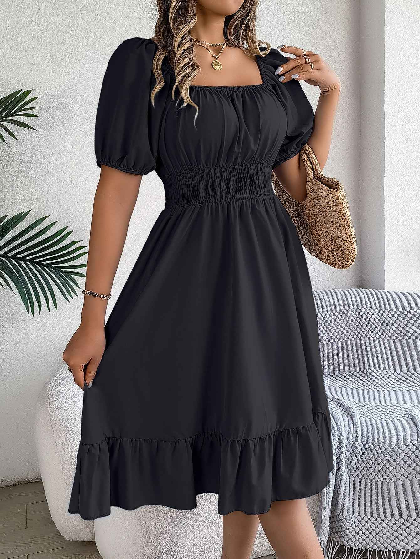 Square Neck Ruffle Hem A-Line Dress