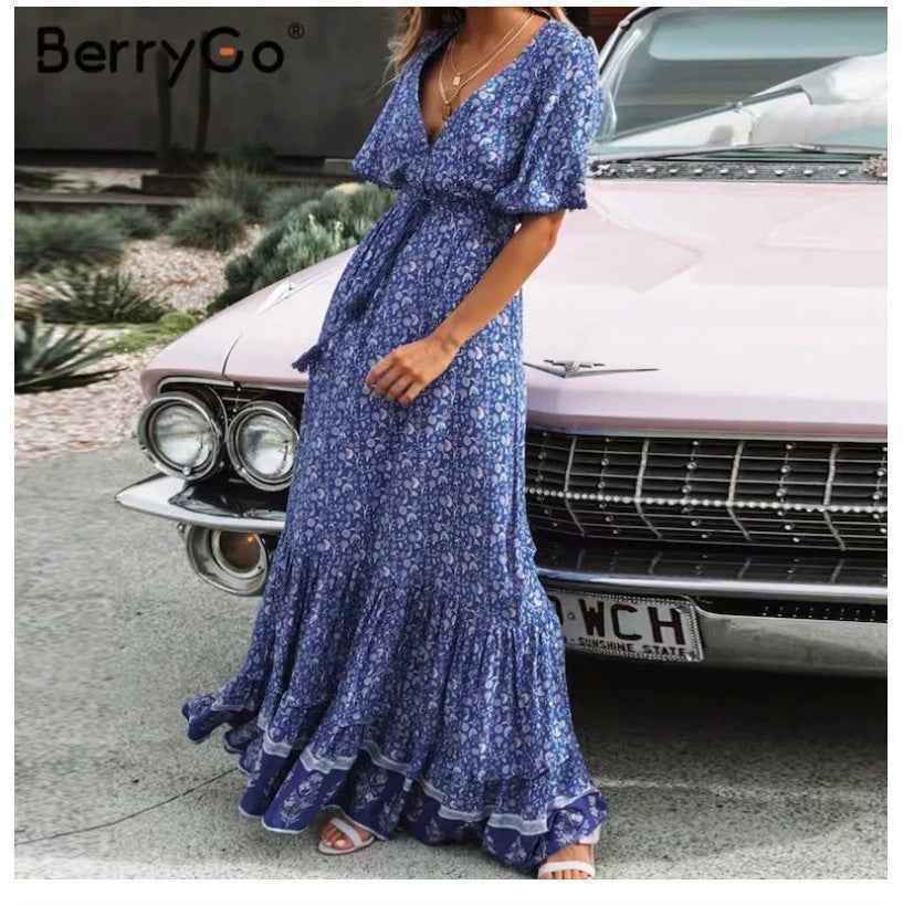 Bohemian Print V-Neck Flowy Dress