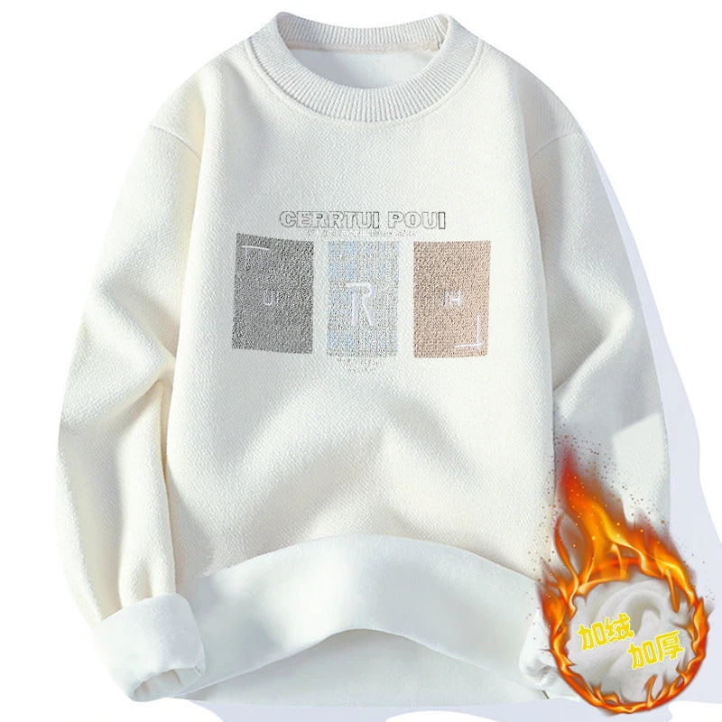 Mens Thick Warm Sweater Crew Neck Knit Sweaters Embroidery Fashion Men's Jumper Casual Sweaters Fleece Lining Winter Pullover - Colouronova