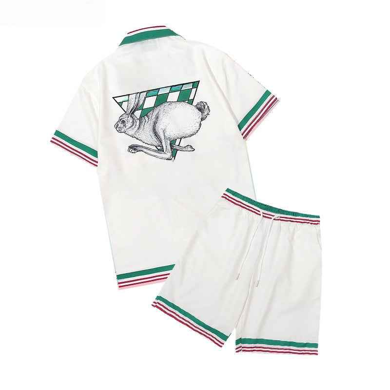 Men's Summer Striped Print Casual Shirt and Shorts Set
