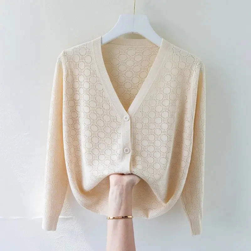 2025 New V-neck Ice Silk Sweater women's Cardigan Hollow Loose Summer Thin Long Sleeve Shawl Coat Female Knitwear Tops Colouronova