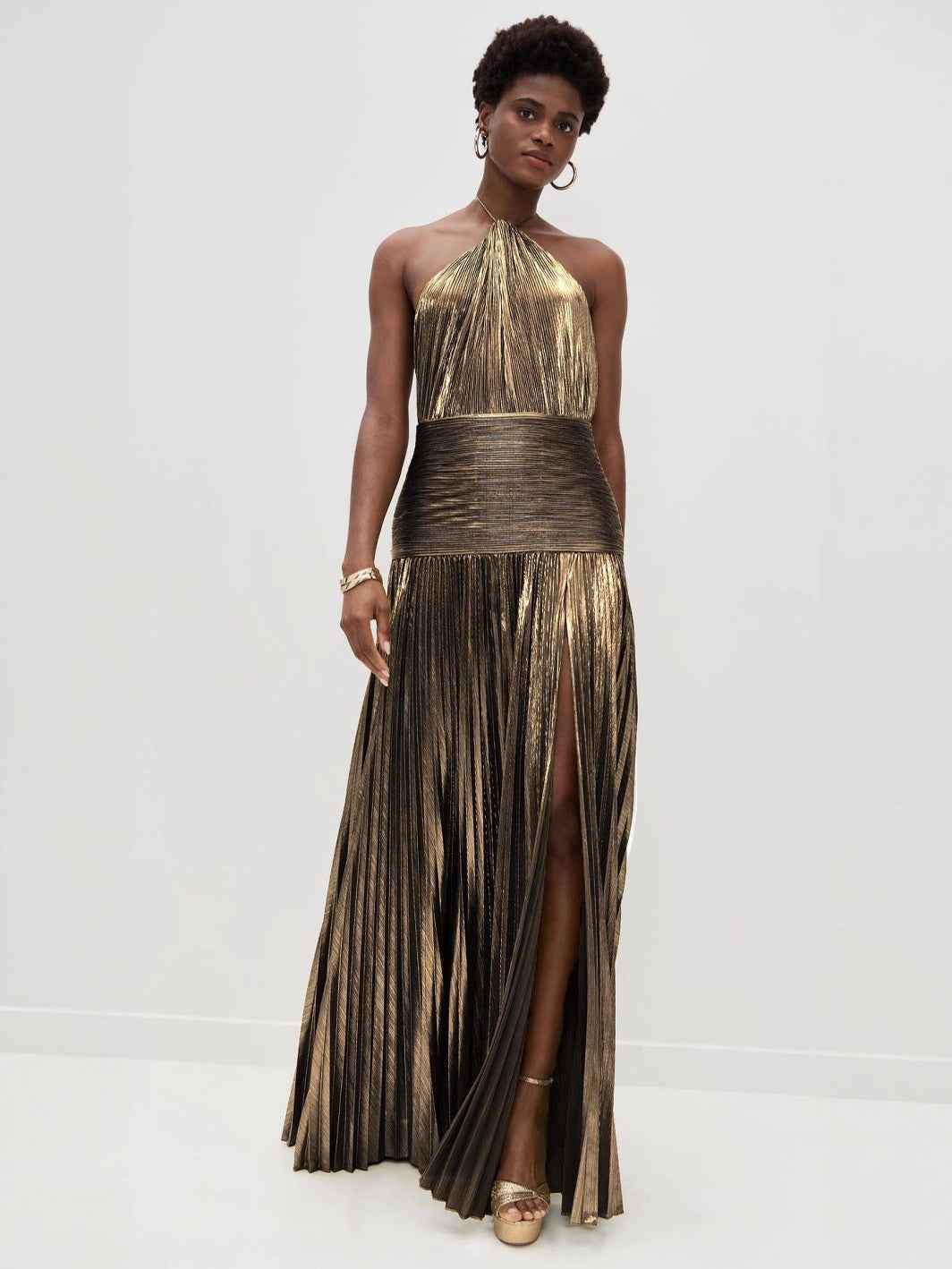 Metallic Halter Slit Backless Dress