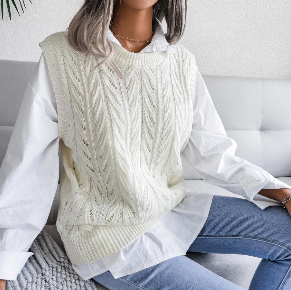 women's winter sweaters Korean popular women's vest solid color O-neck sleeveless hollow knitted loose casual sweater vest - Colouronova